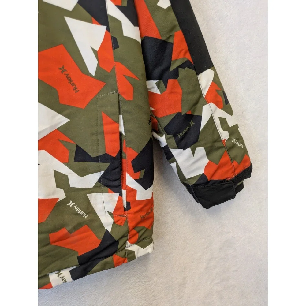 Hurley Puffer Jacket Kid's L (14/16) Green Orange Camo Hooded Fleece Lined‎